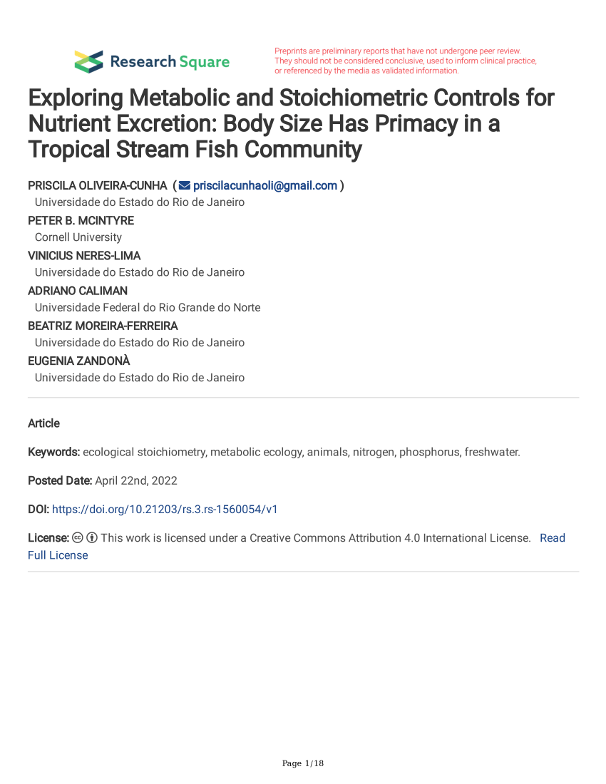 Pdf exploring metabolic and stoichiometric controls for nutrient excretion body size has primacy in a tropical stream fish community