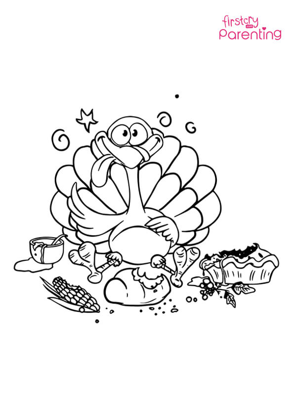 Cartoon turkey with load stomach coloring page for kids