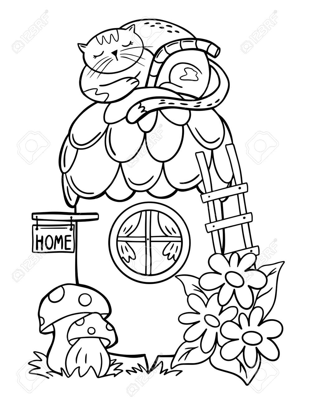 Kids coloring page with cartoon house cat on stomach stock photo picture and royalty free image image