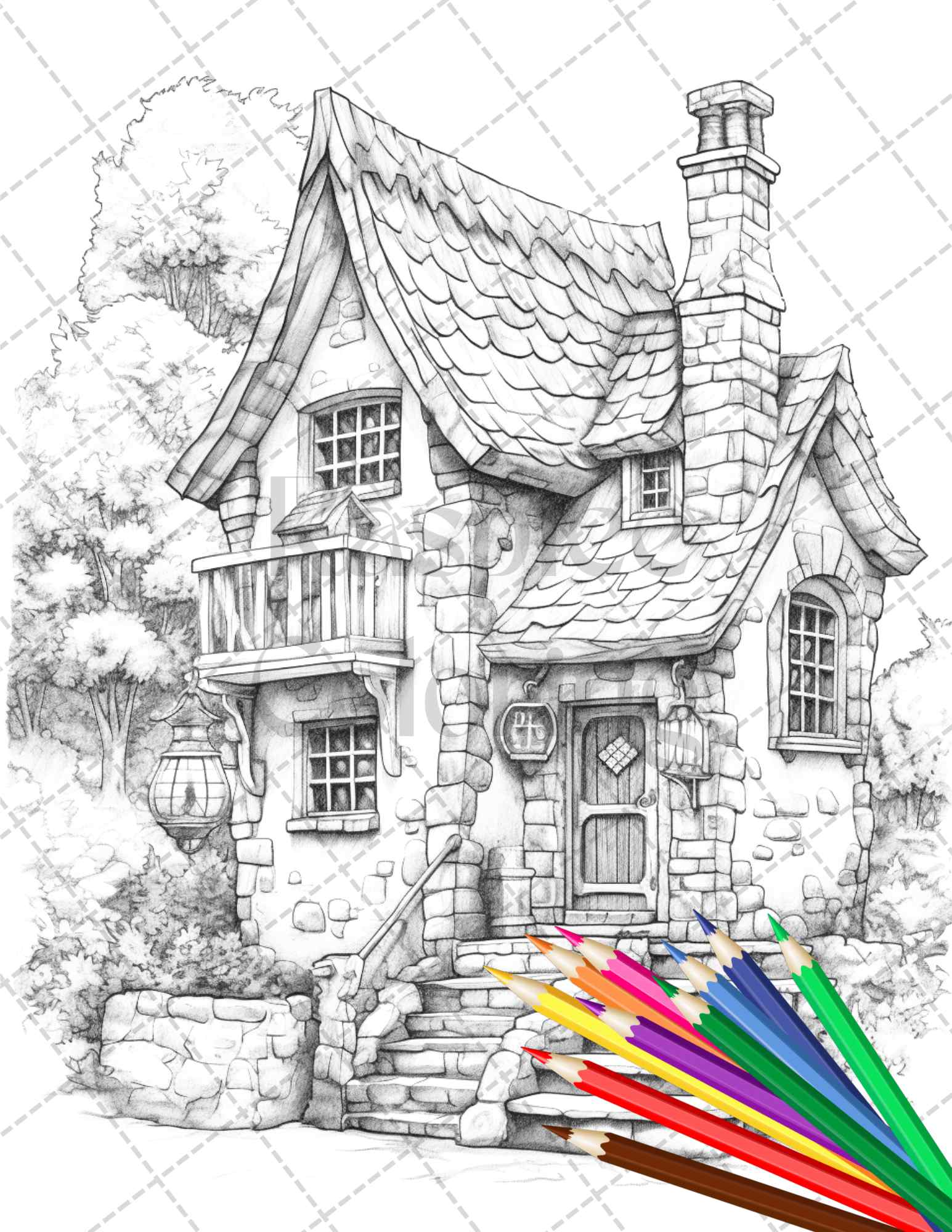 Stone cottage houses grayscale coloring pages printable for adults â coloring