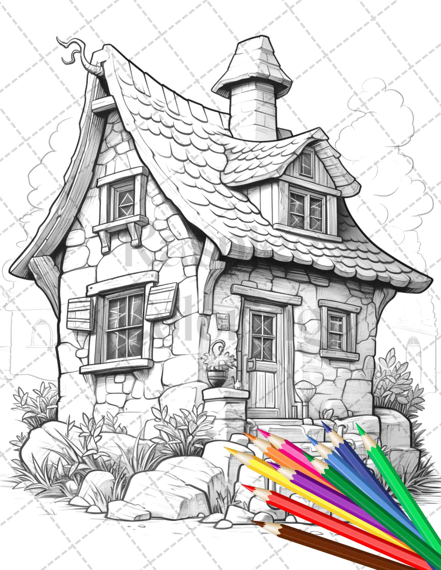 Stone cottage houses grayscale coloring pages printable for adults â coloring