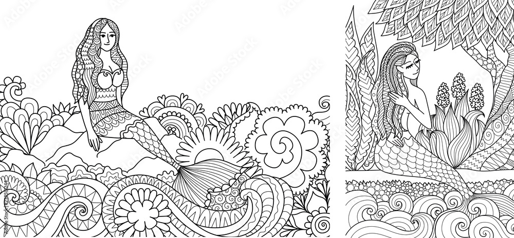 Pretty mermaid sitting on stone and beautiful ocean wave for adult coloring bookcoloring pagescolouring pictures vector illustration vector