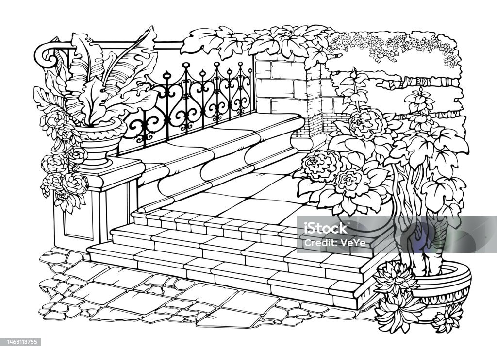 Romantic garden coloring pages with stone steps exotic flowers vector stock illustration