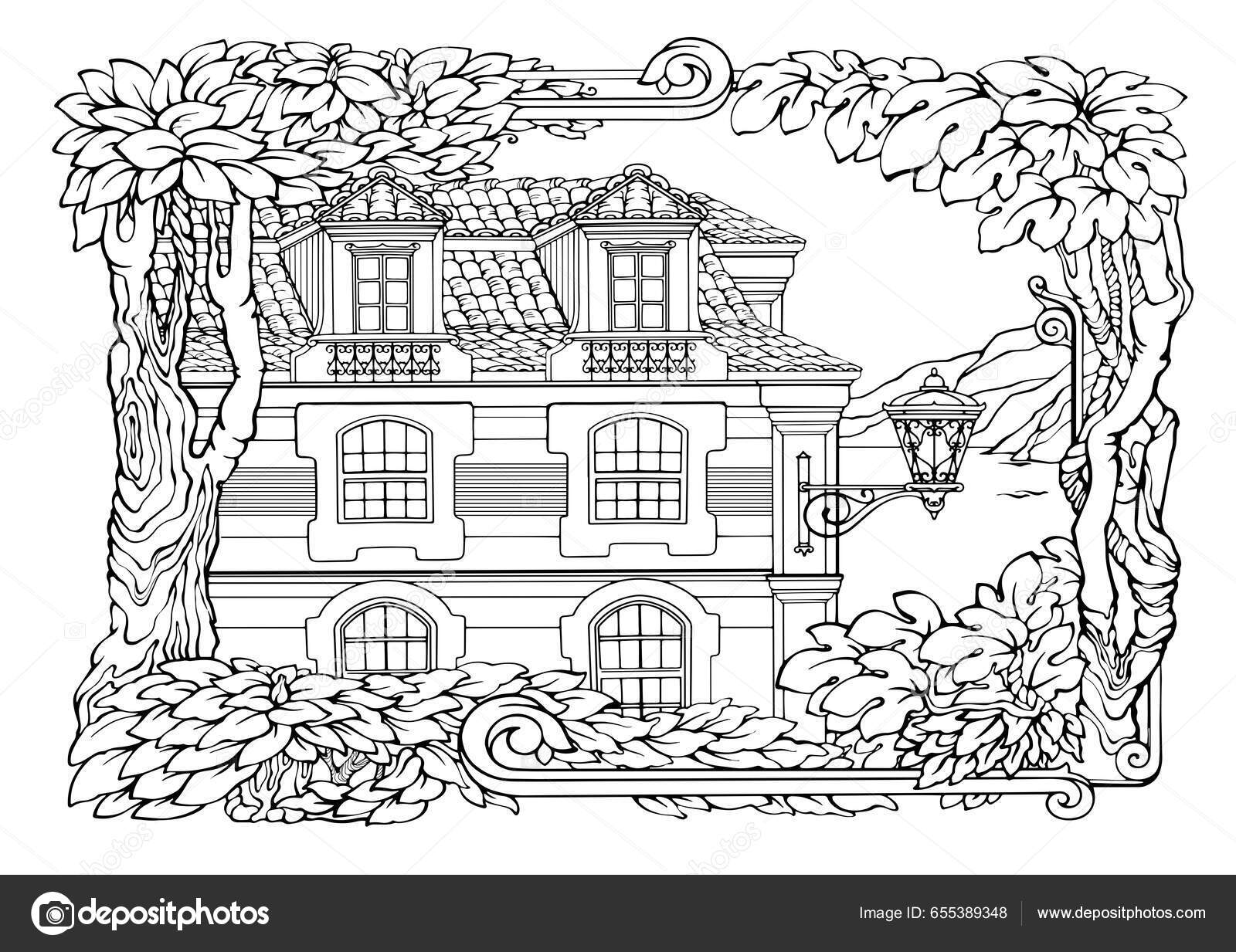 Romantic old town coloring pages coloring book adults stress colouring stock vector by veye