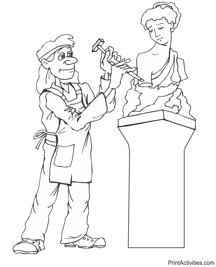 Sculptor coloring page chipping at the stone