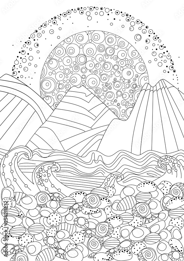 Sunrise seascape with stone beach for your coloring page vector