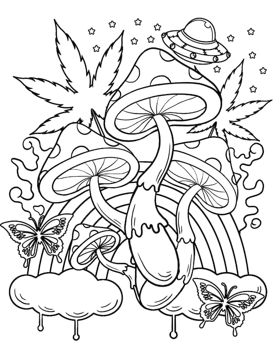 Trippy coloring pages magic mushroom printable pdf digital download stoner coloring book