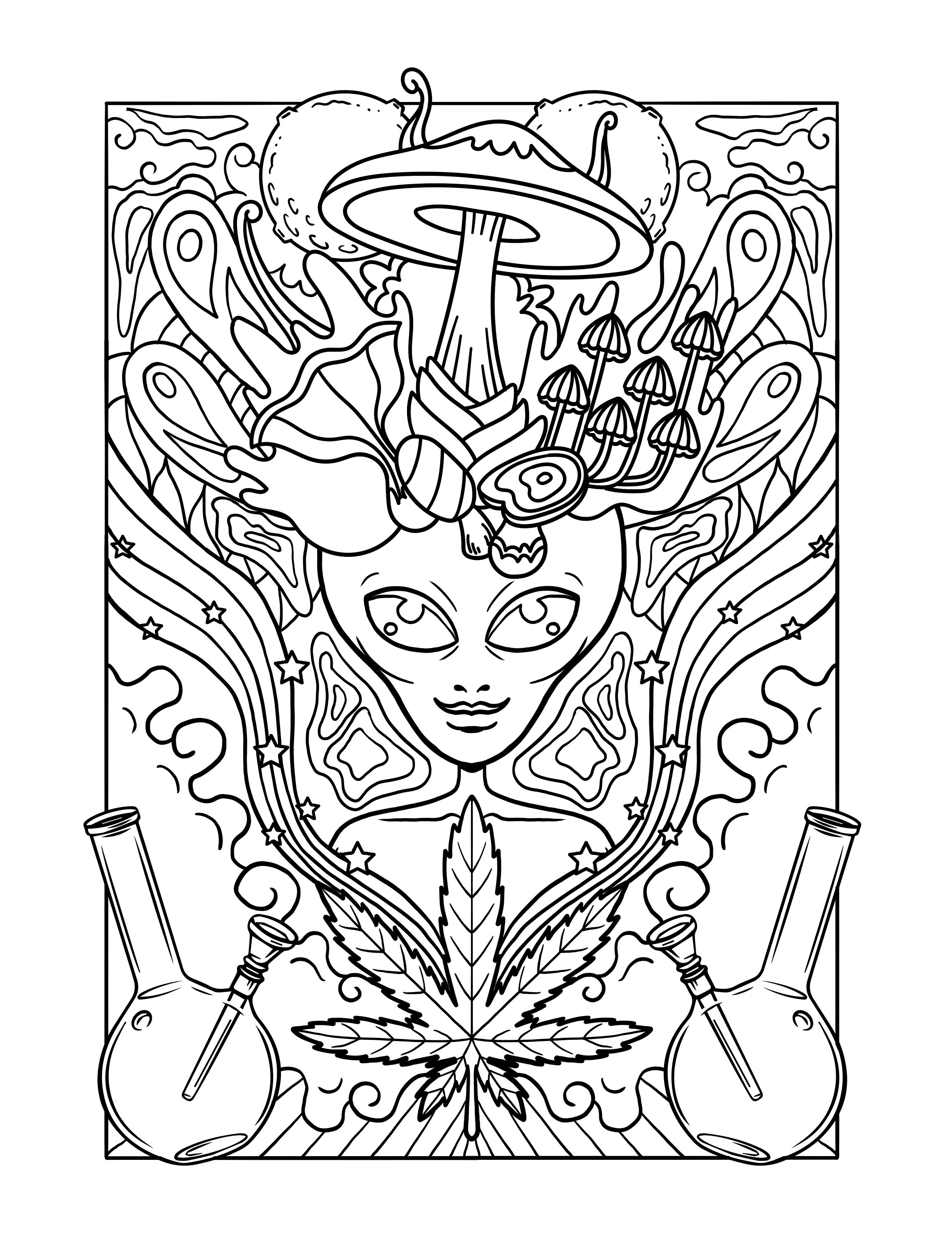 Printable trippy alien stoner weeds mushrooms printable pdf digital download trippy stoner coloring page