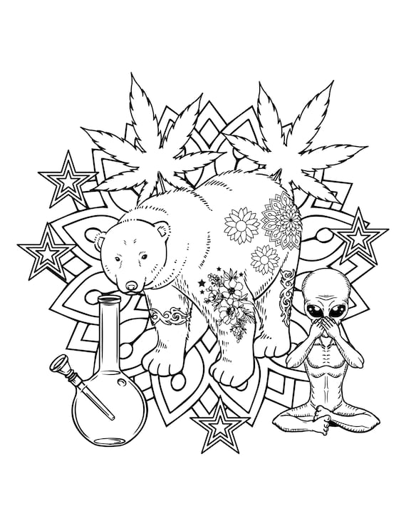 Trippy hippie bear coloring page trippy stoner printable pdf digital download stoner alien psychedelic coloring page