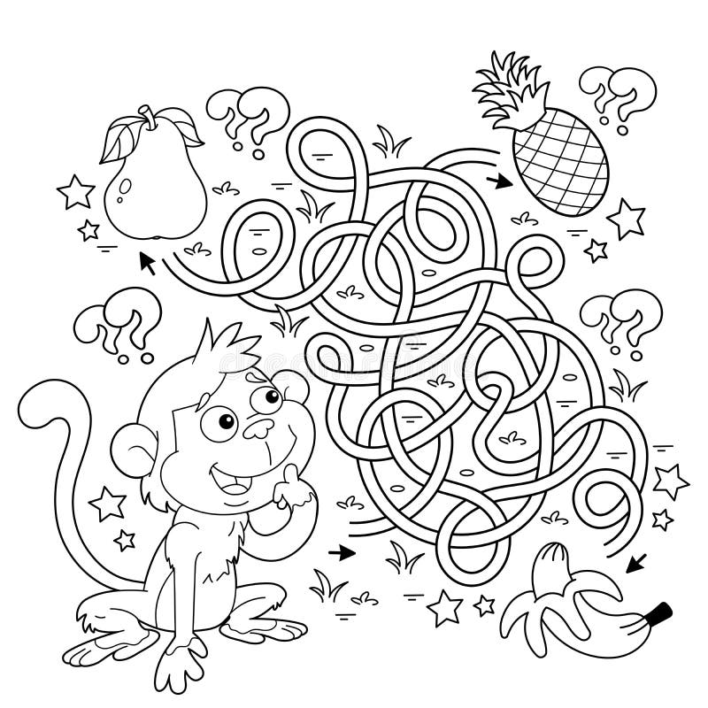 Maze or labyrinth game puzzle tangled road coloring page outline of cartoon little monkey with food stock vector