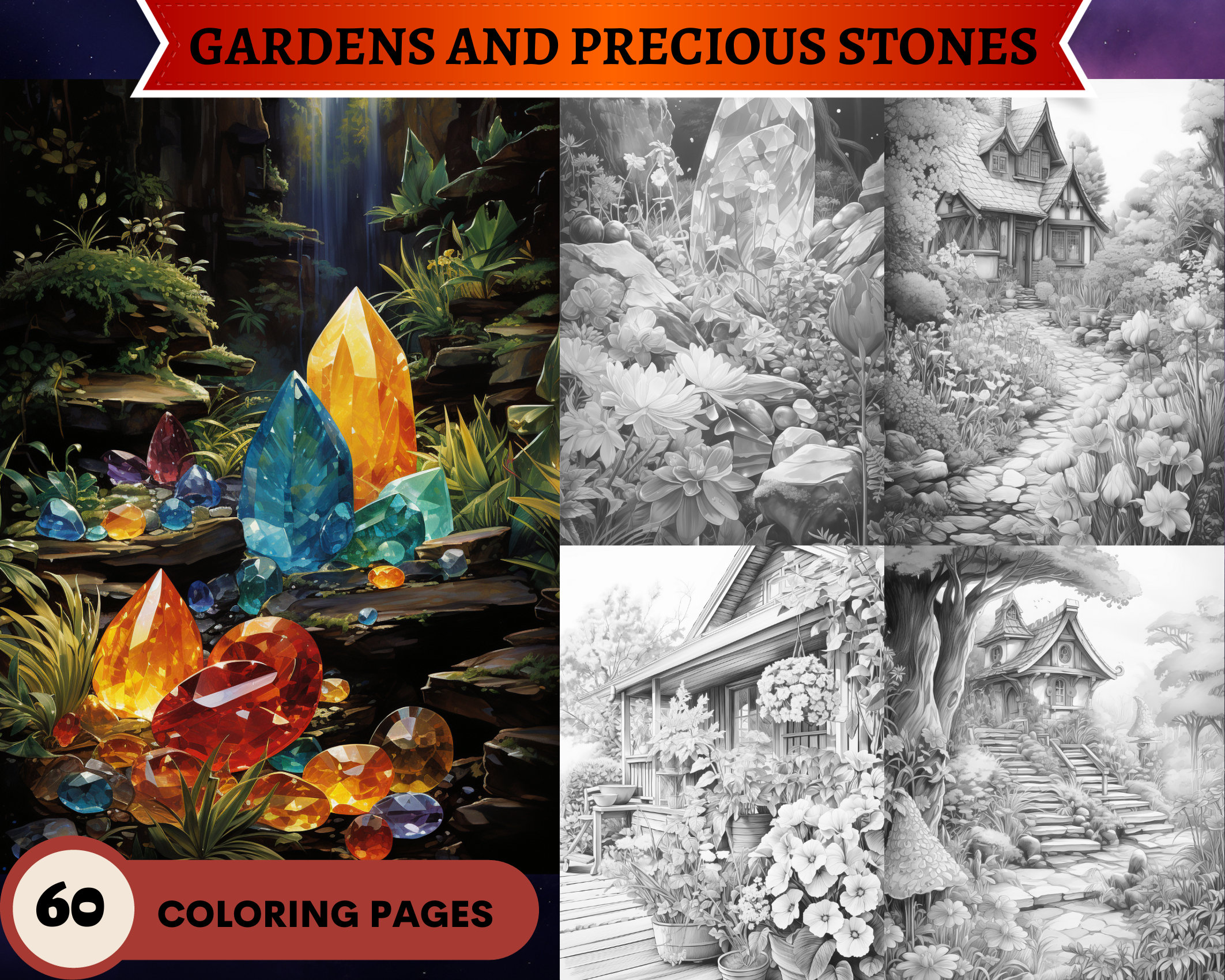 Cottage gardens and precious stones gems landscapes printable adult coloring pages download grayscale illustration