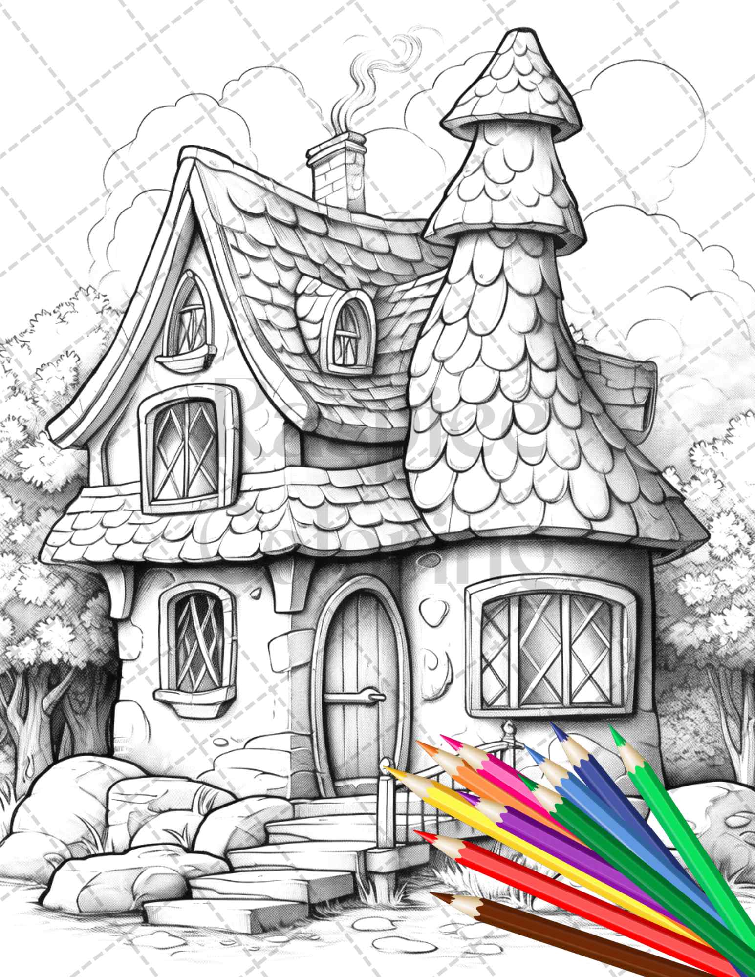 Stone cottage houses grayscale coloring pages printable for adults â coloring