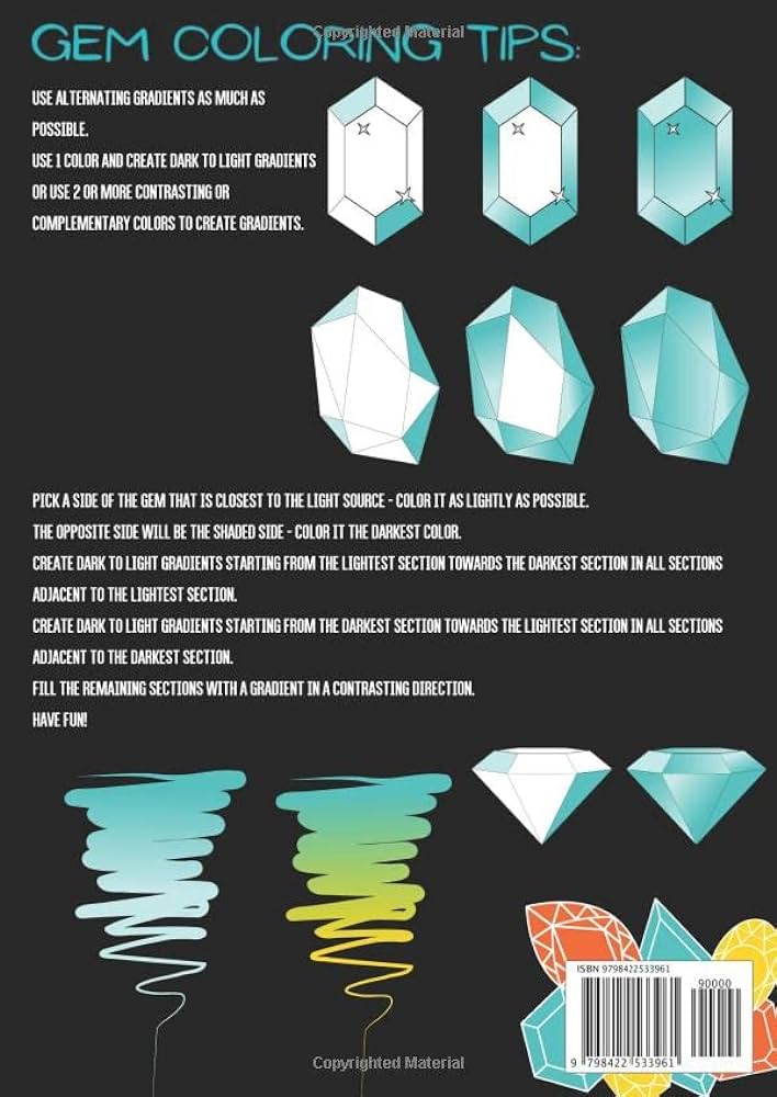 Crystal gemstone coloring book gems and mineral rocks precious stones geology coloring pages for adults and for kids detailed unique designs pages single sided print