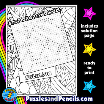 Stop drop and roll word search puzzle activity page with coloring fire safety