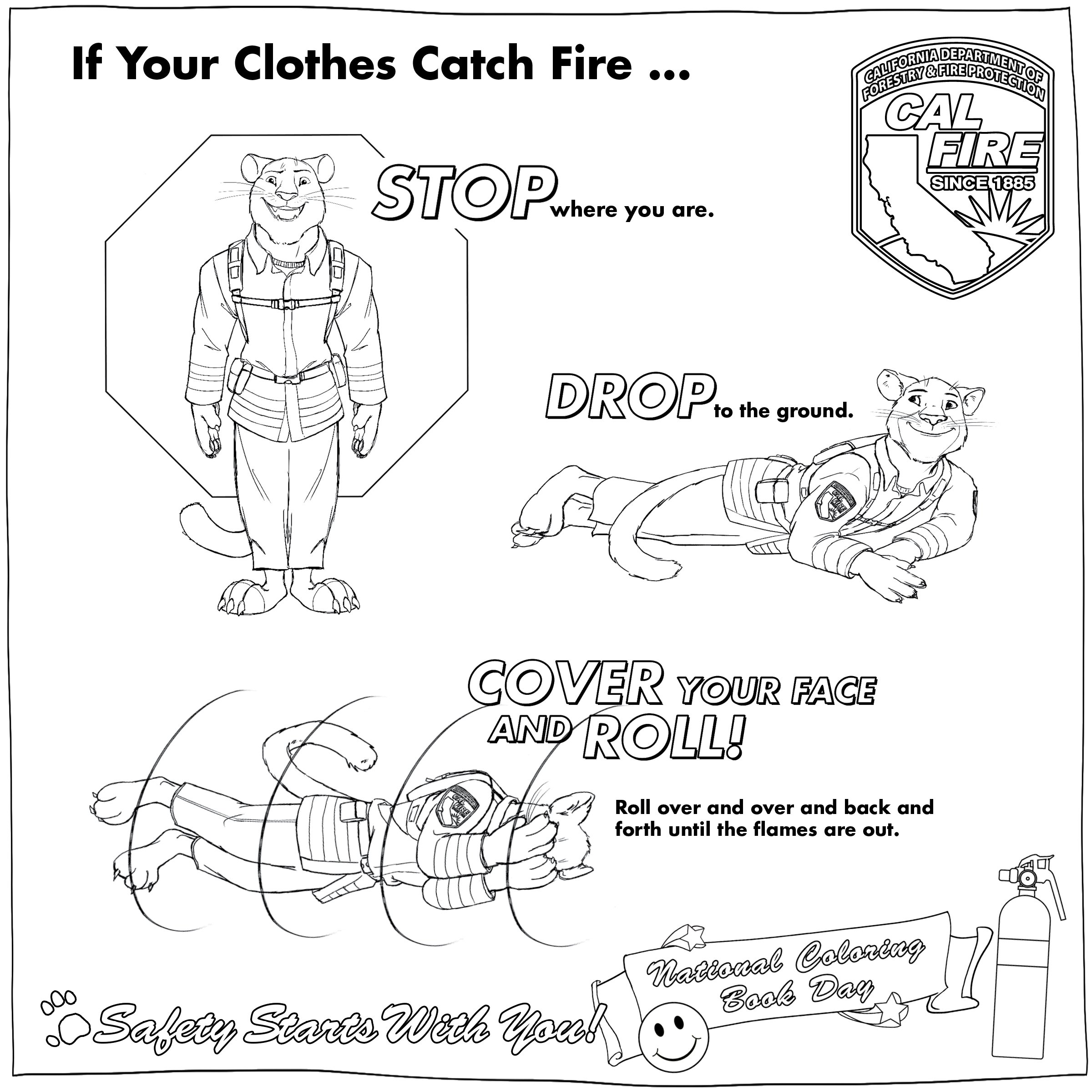 Cal fire on x nationalcoloringbookday is today print out captain cals coloring page and have fun teaching your kids the classic fire safety lesson stopdropandroll every second counts if your clothing catches