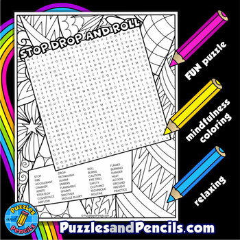 Stop drop and roll word search puzzle activity page with coloring fire safety