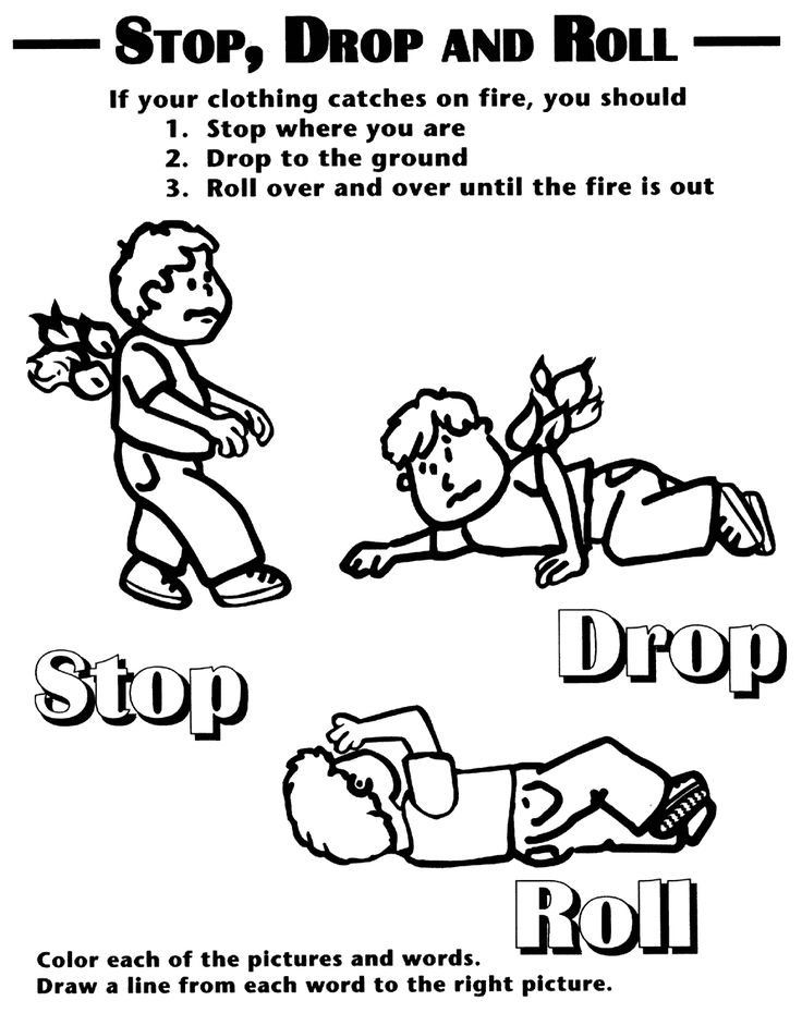 Fire safety printables fire safety coloring sheet showing stop drop and roll fire safety for kids fire safety activities fire safety preschool