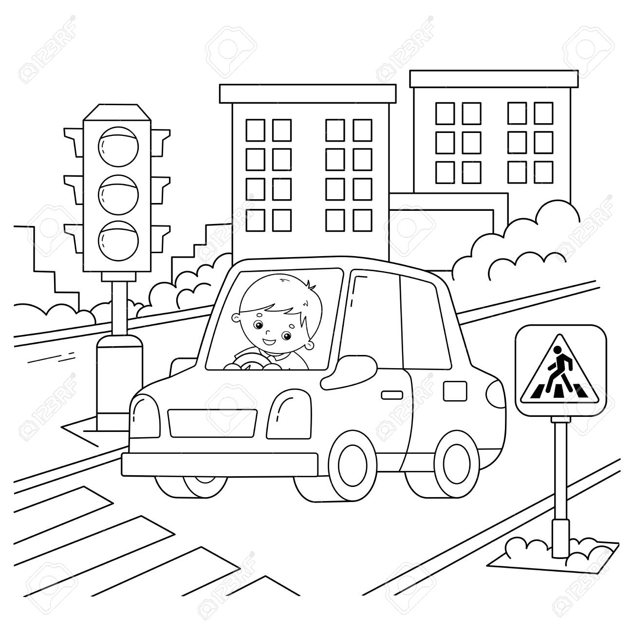 Coloring page outline of cartoon car with driver on road traffic light image transport or vehicle for children coloring book for kids royalty free svg cliparts vectors and stock illustration image