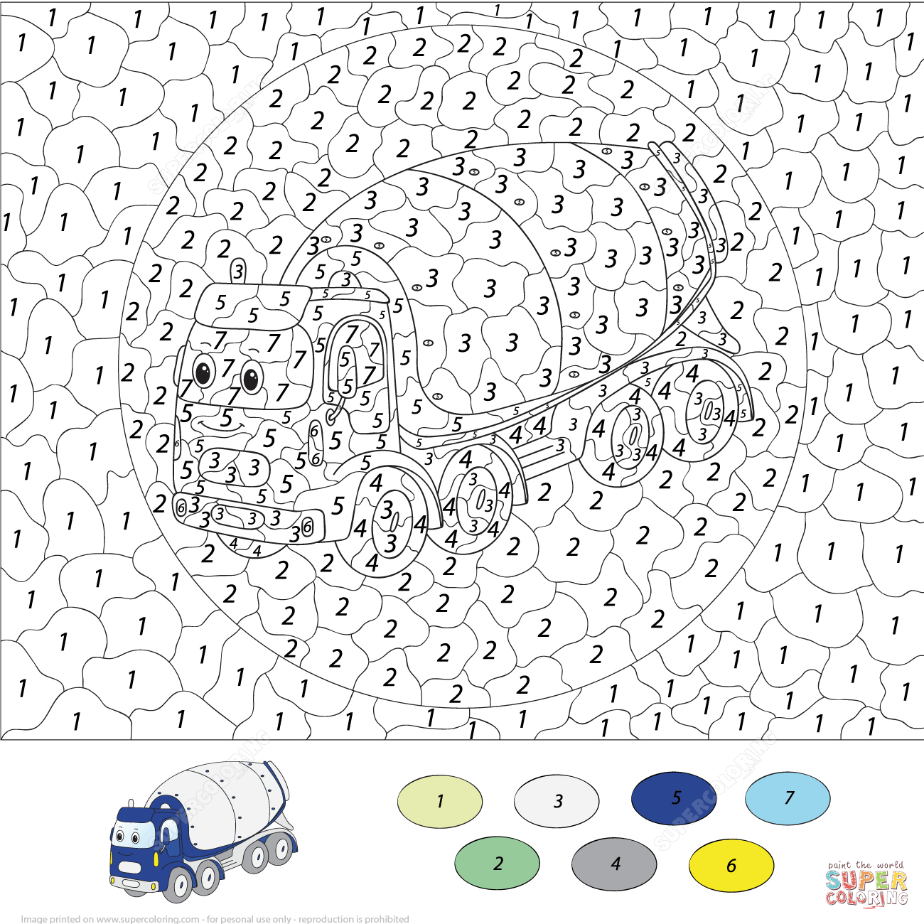 Concrete mixer color by number free printable coloring pages