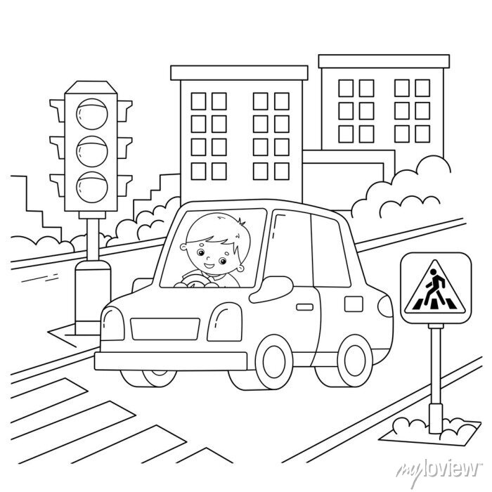 Coloring page outline of cartoon car with driver on road traffic canvas prints for the wall â canvas prints traffic transportation outline