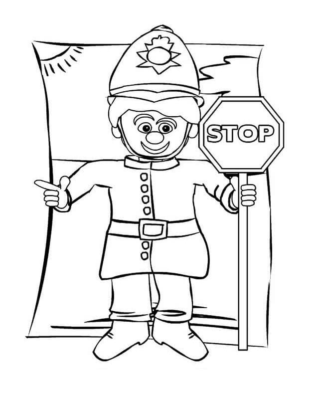 Happy policeman with stop sign coloring page