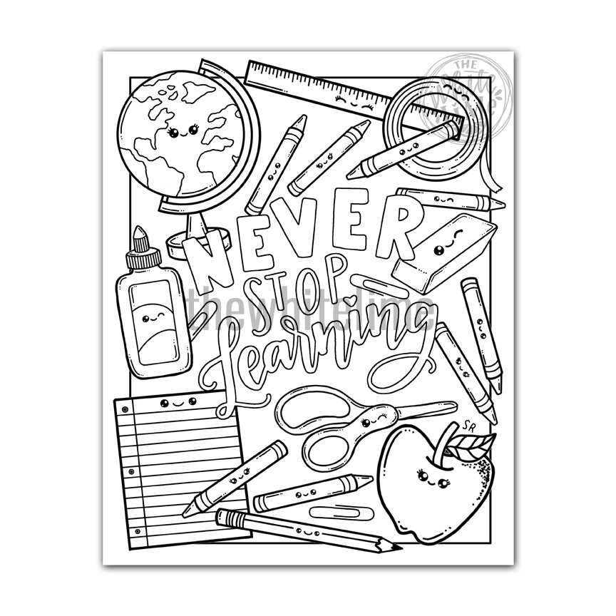 School supplies coloring page for kids and aduts