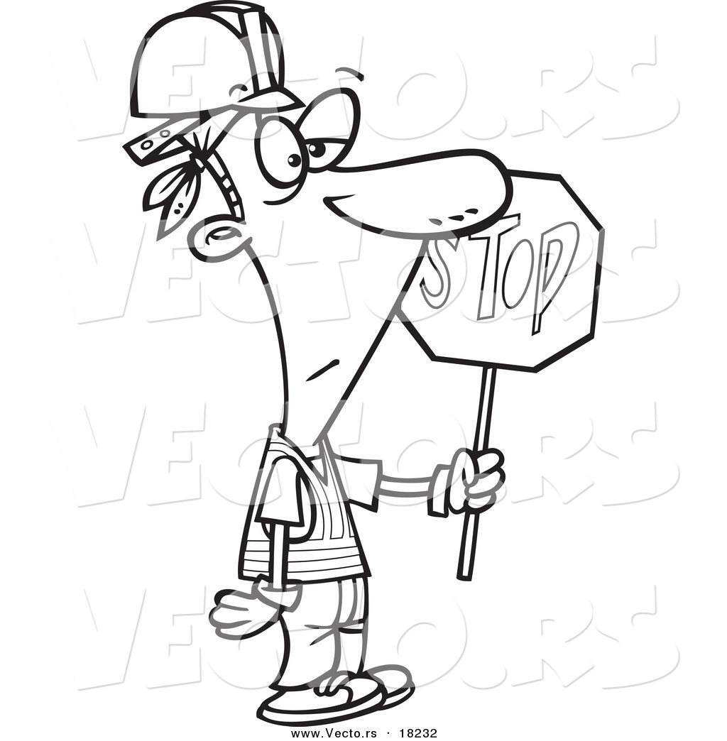 R of a cartoon construction guy holding a stop sign