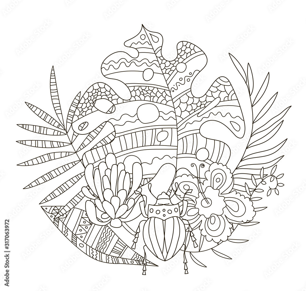 Hand drawing coloring pages for children and adults a beautiful pattern with small details for creativity antistress coloring book with tropical flowers monstera palm beetle protea vector