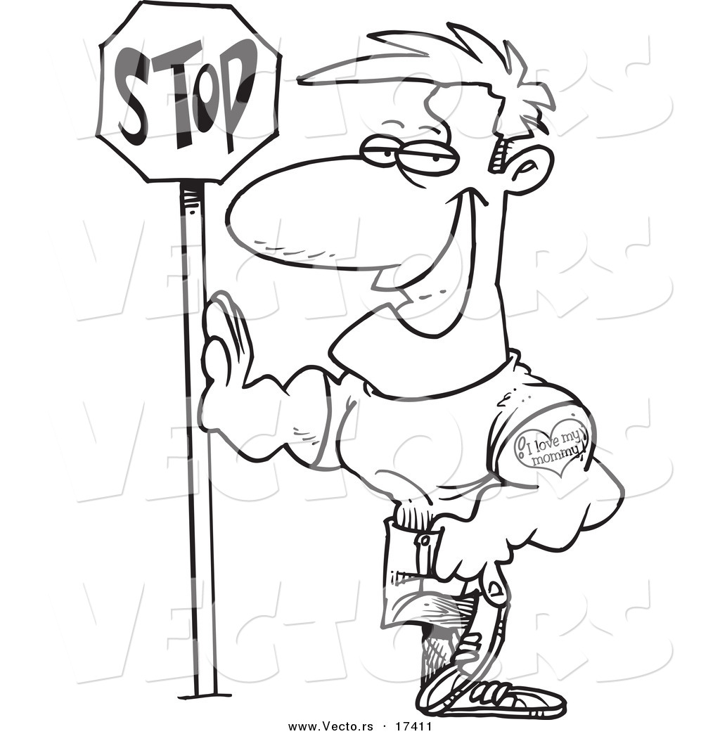 R of a cartoon buff man leaning against a stop sign