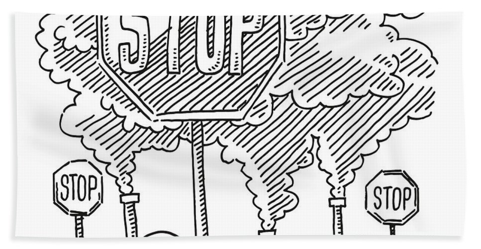 Stop sign air pollution by coal industry drawing bath sheet by frank ramspott