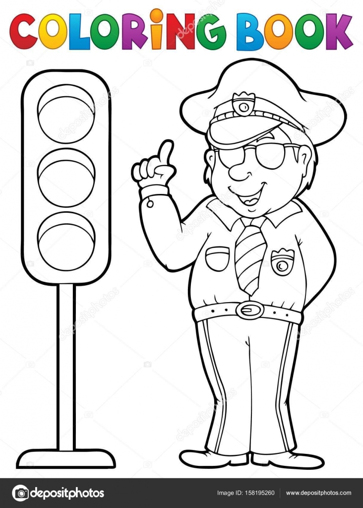 Coloring book policeman with semaphore stock vector by clairev