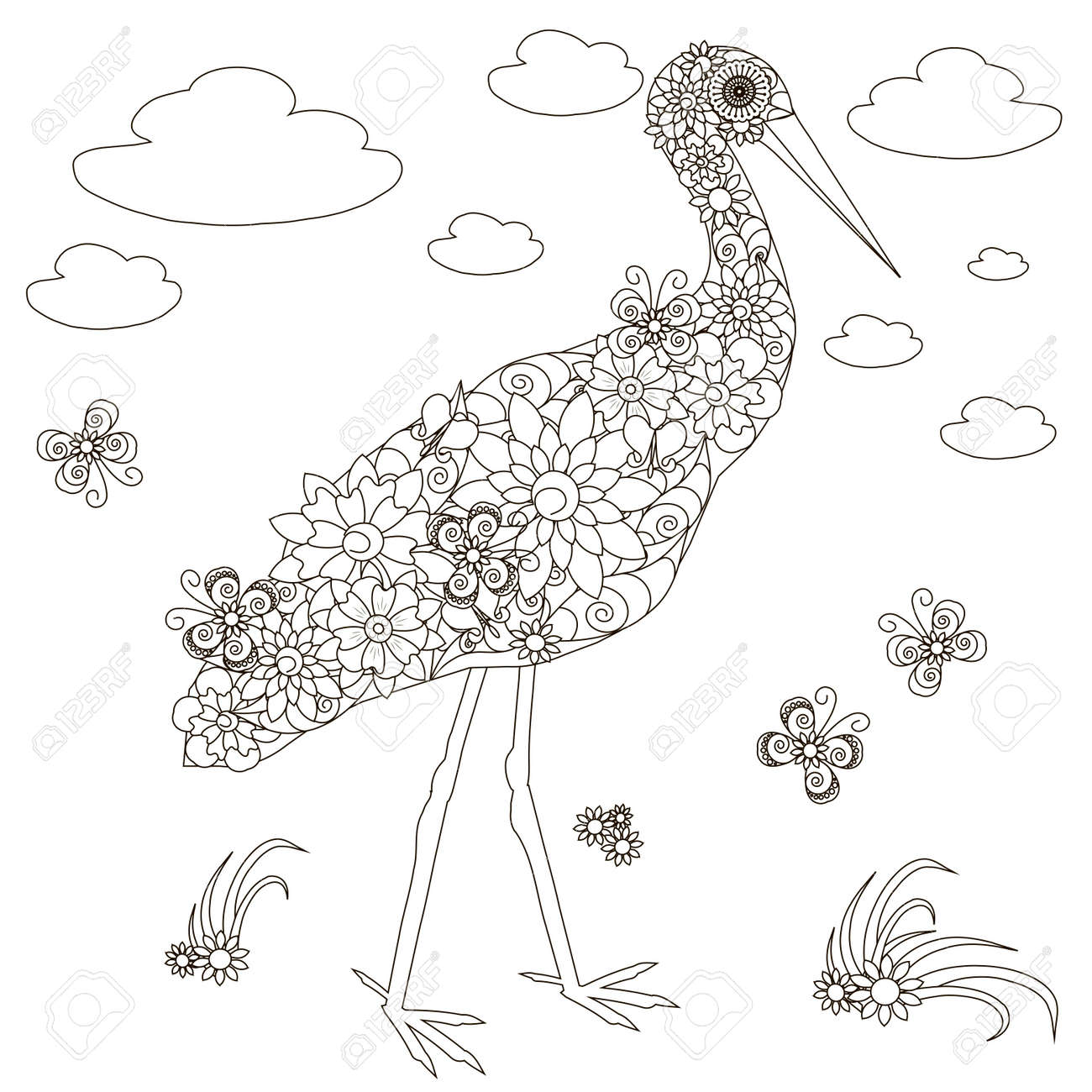 Flowers stork coloring page anti