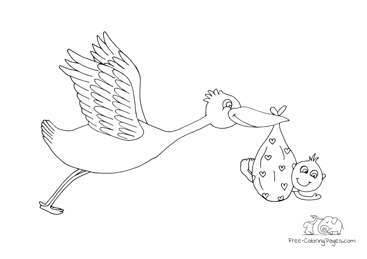 Coloring page stork with baby in pouch