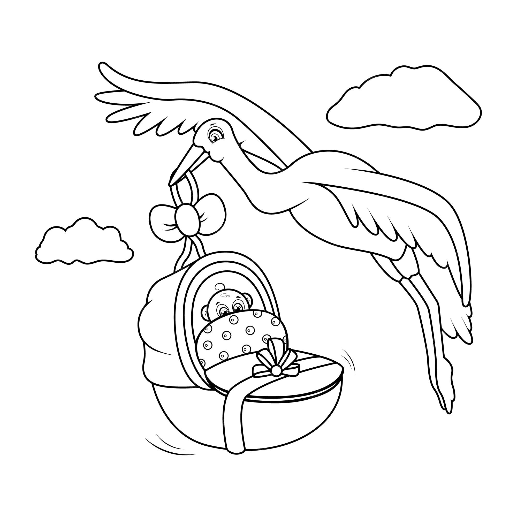 Premium vector coloring page kind stork carries a cute newborn boy