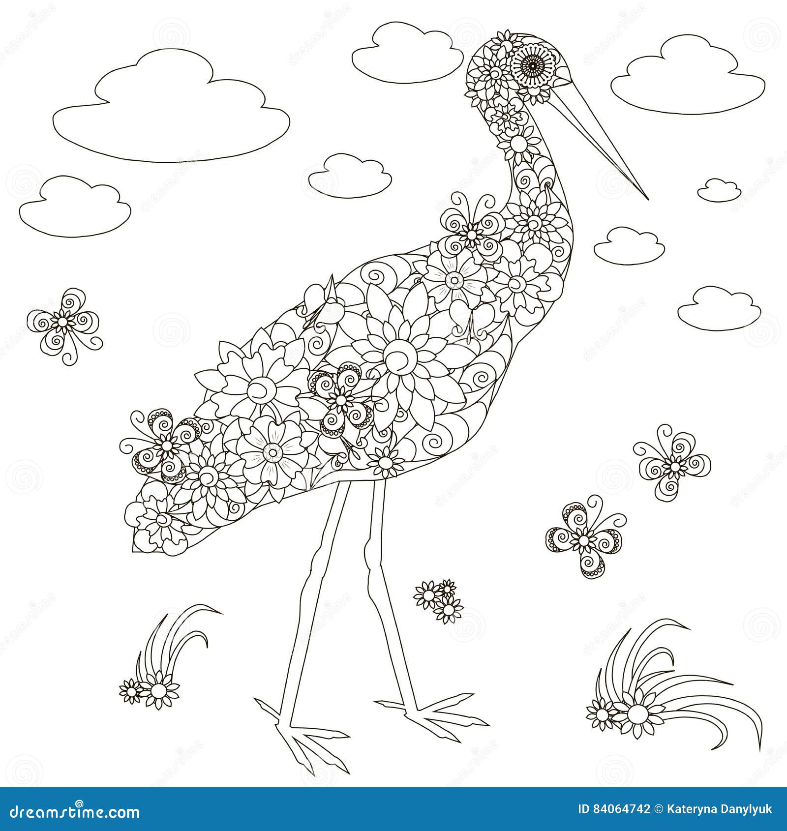 Flowers stork coloring page anti