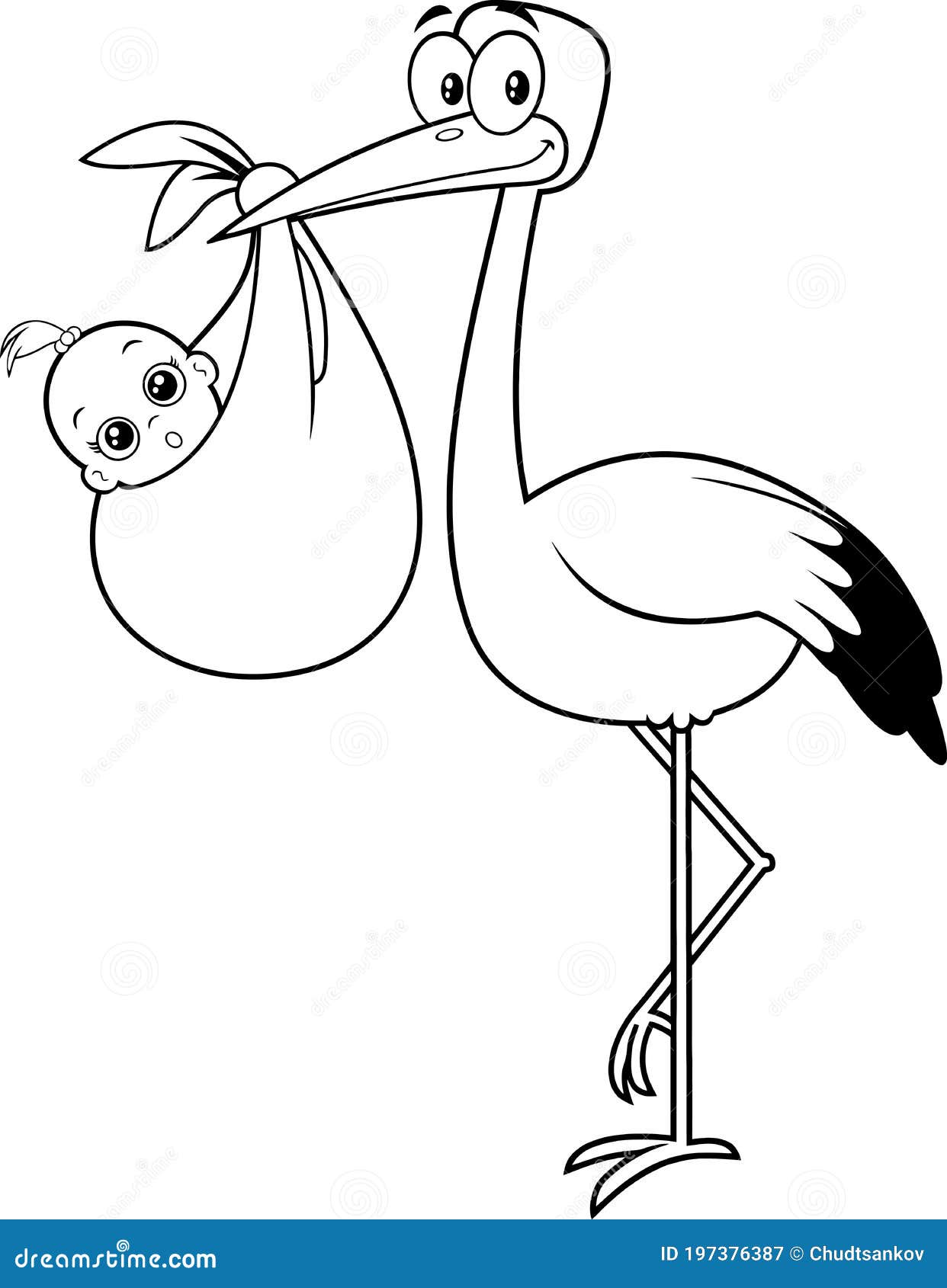 Black and white stork delivering a newborn baby girl stock vector