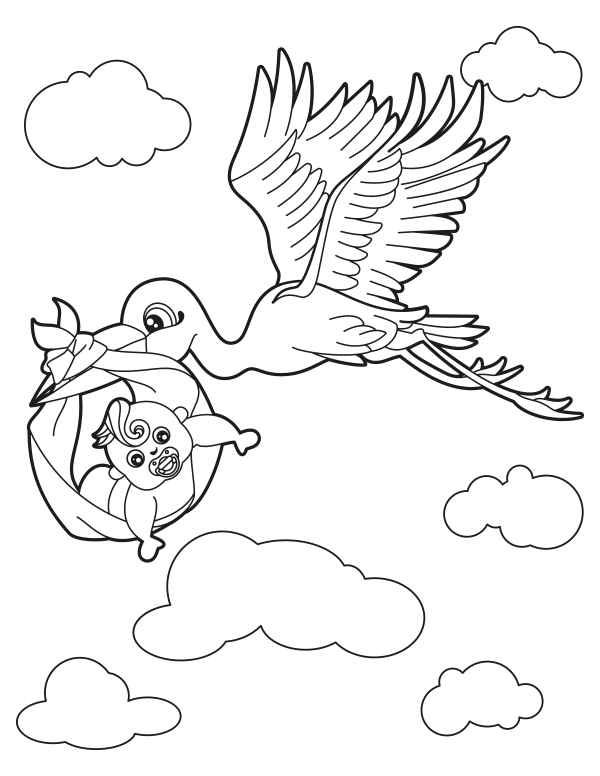 Printable stork with baby coloring page