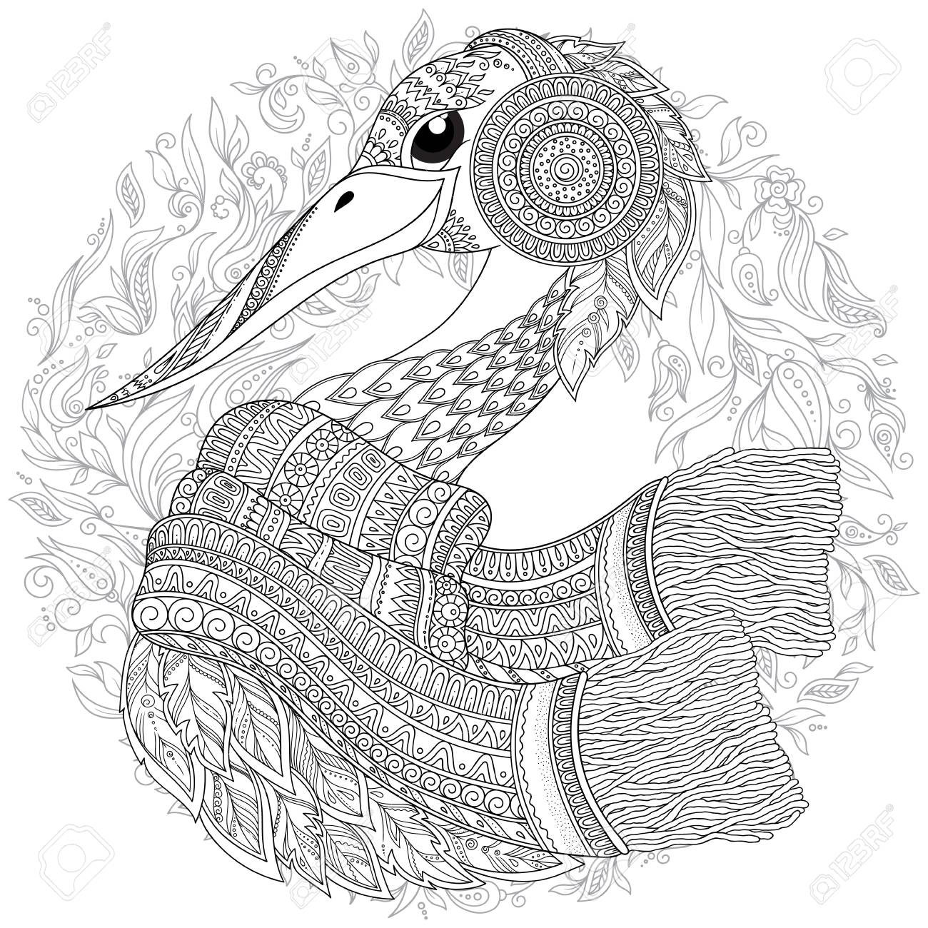 Hand drawn stork for adult anti stress coloring pages post card t