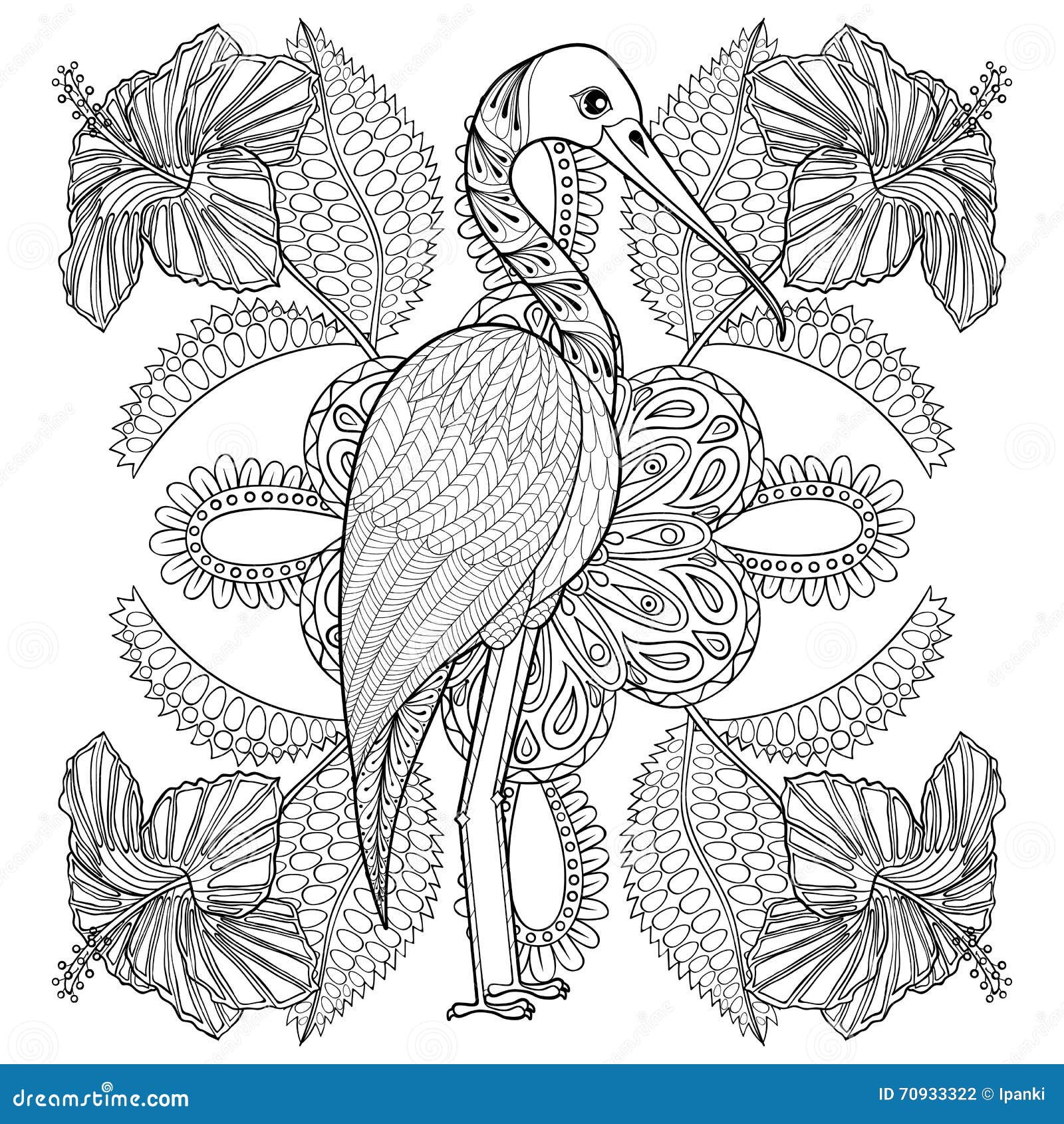 Zentangle hand drawn stork in hibiskus for adult antistress colo stock vector