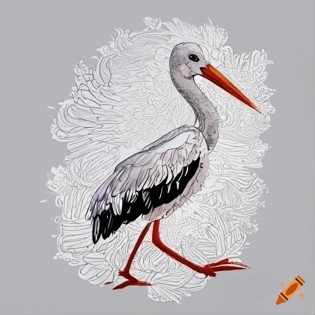 D outline simple vector monochrome coloring page depicting cute stork beautiful on a white background on