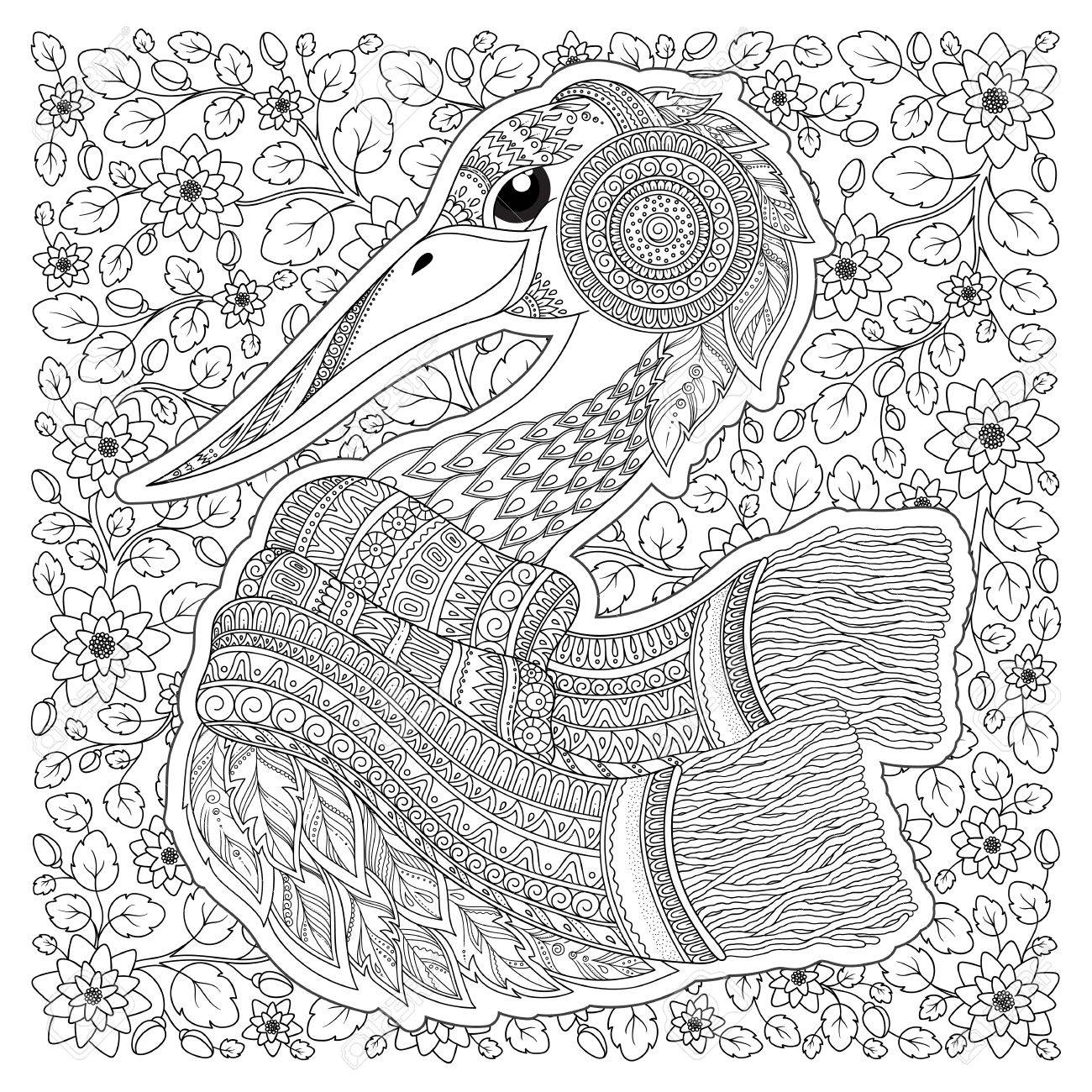 Stork fantastic flowers branches leaves for anti stress coloring page for adults and children black white bird collection set of illustration royalty free svg cliparts vectors and stock illustration image