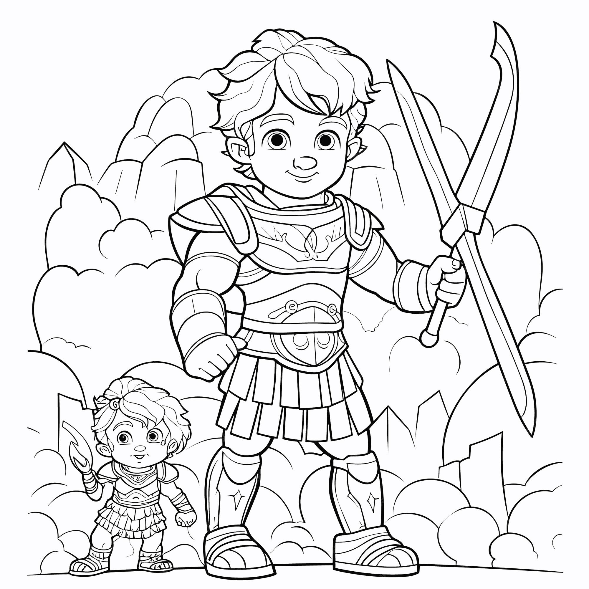 Premium vector vector kids adorable coloring cartoon page bible story book david and goliath in simple lines