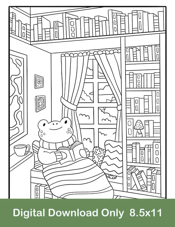 Book frog coloring page cozy coloring page frog coloring page book coloring page digital download download now