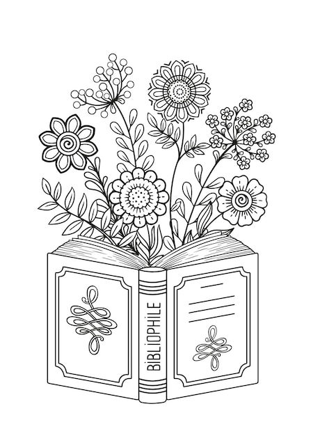 Premium vector black and white coloring page for adult opened book reading book imagination concept with doodle flowers and butterflyes