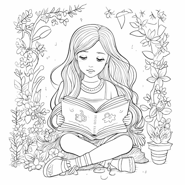 Premium vector illustartion coloring book page women read book