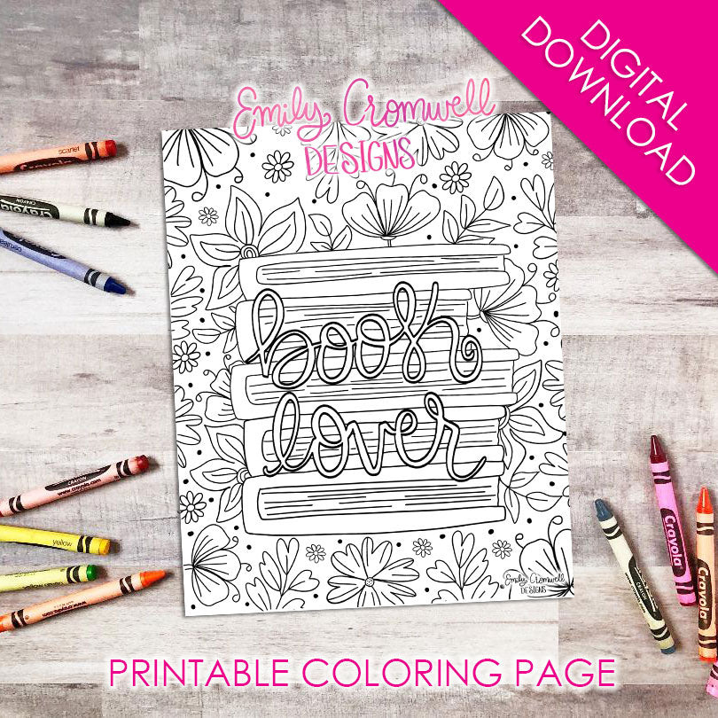 Book lover coloring page jpeg digital download â emily cromwell designs