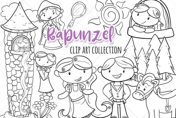 Princess rapunzel fairy tale digital stamps black and white princess coloring pages fairy tale illustrations