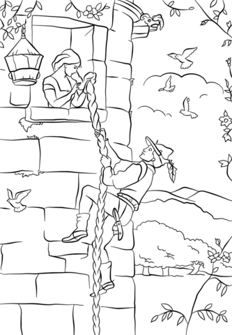 Prince climbs up rapunzels tower coloring page free printable coloring pages