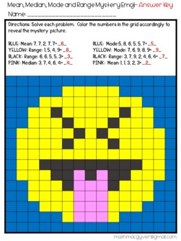 Mean median mode and range mystery emojicolor by number by mathmacgyver