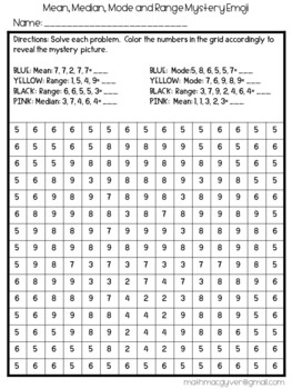 Mean median mode and range mystery emojicolor by number by mathmacgyver